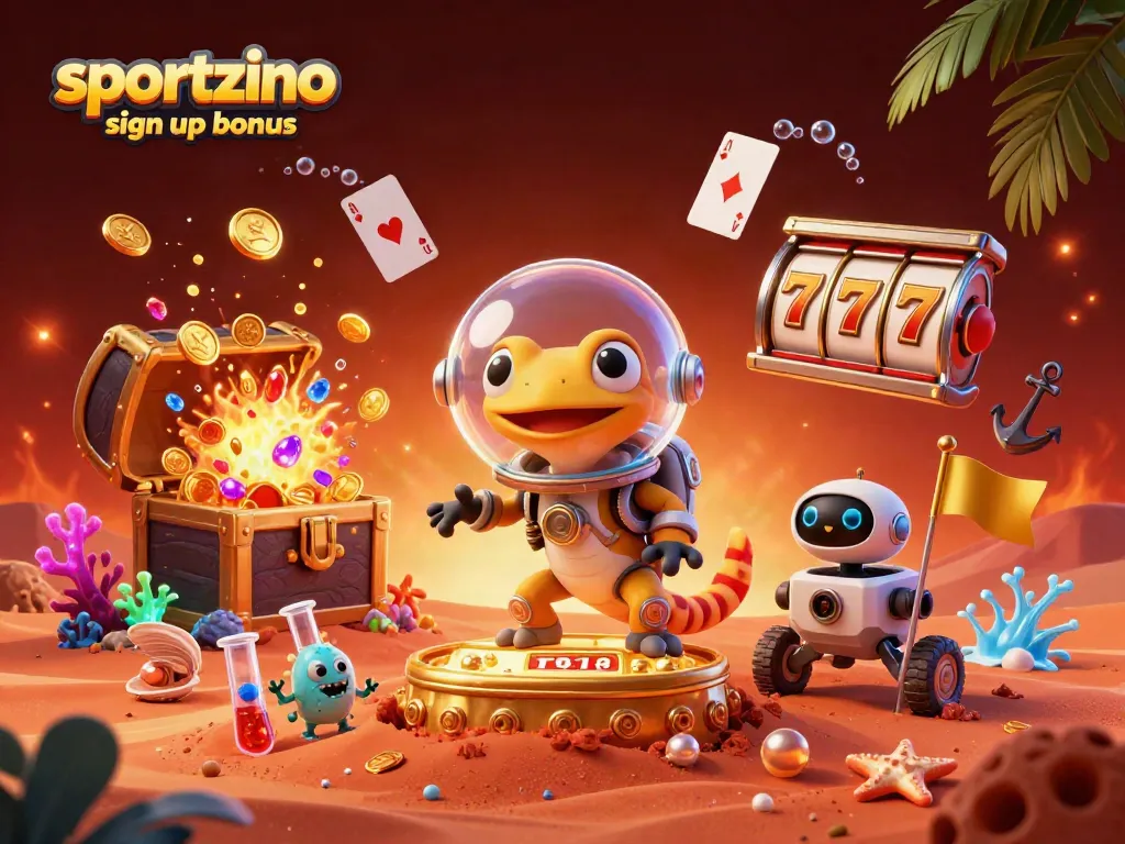 Claim your sportzino sign up bonus with colorful coins and a fun Martian-themed casino scene.