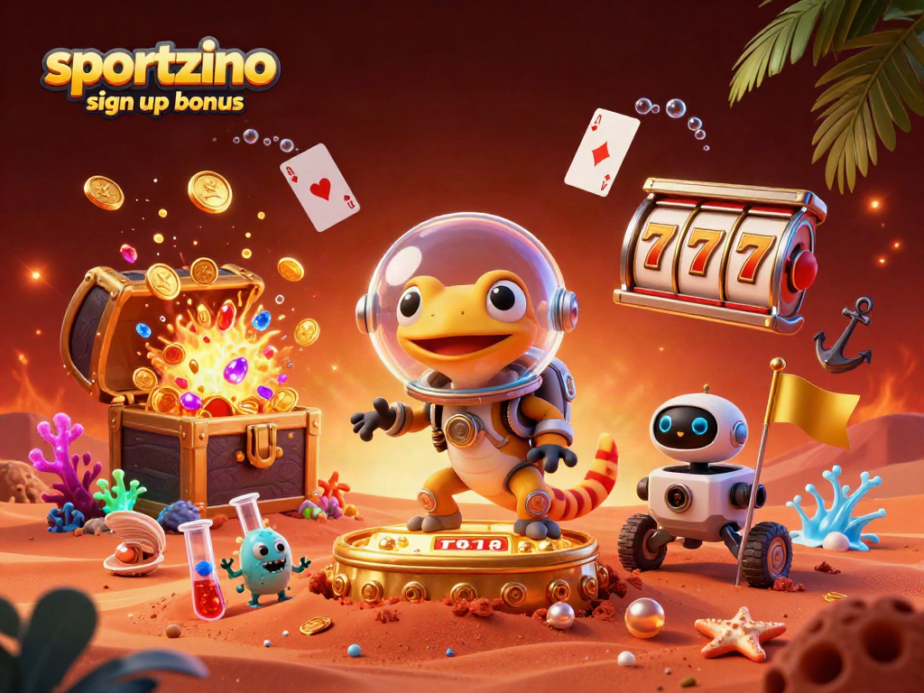 Claim your sportzino sign up bonus with colorful coins and a fun Martian-themed casino scene.