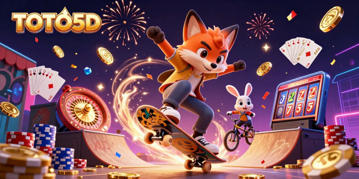 TOTO5D brings excitement with a skateboarder fox kicking over golden poker chips and vibrant casino elements.