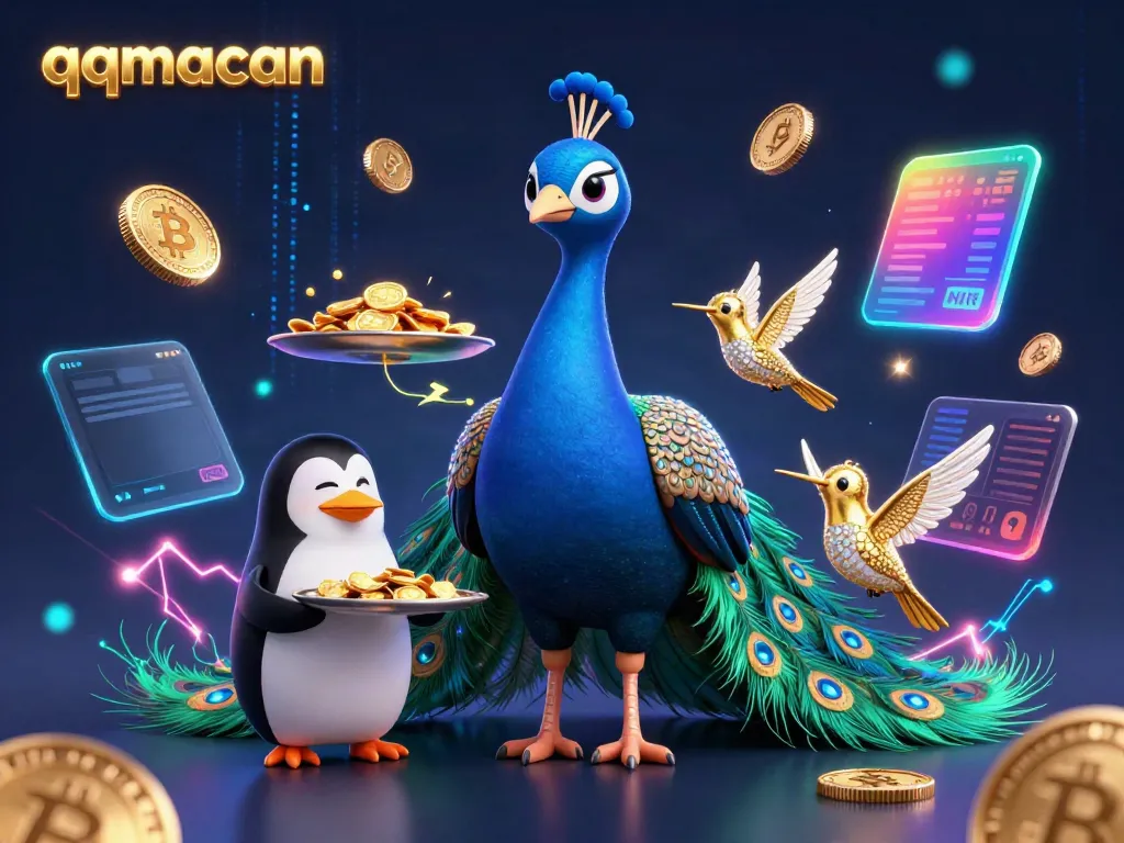 Engage in the vibrant world of qqmacan with a majestic peacock, butler penguin, and golden hummingbird amid dazzling casino themes.