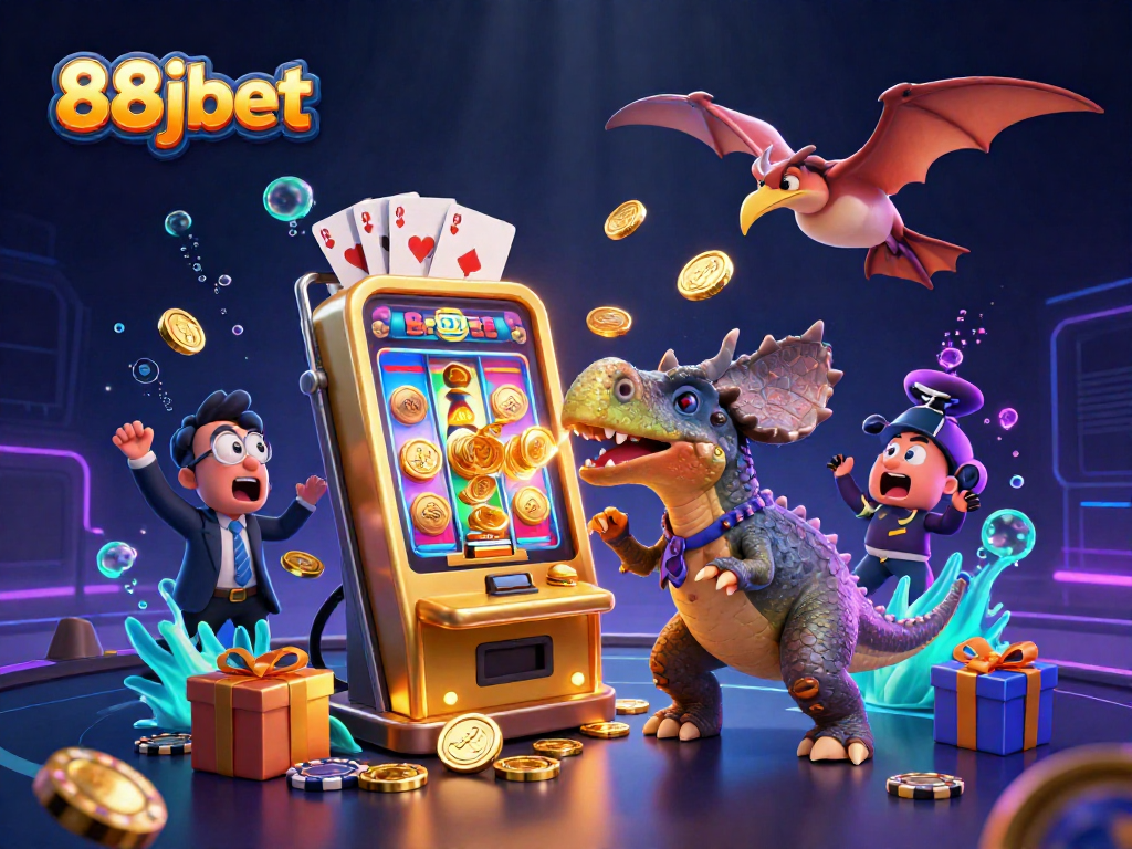 Experience thrilling gameplay at 88jbet with a cartoon dinosaur character jackpot scene and dynamic casino elements.