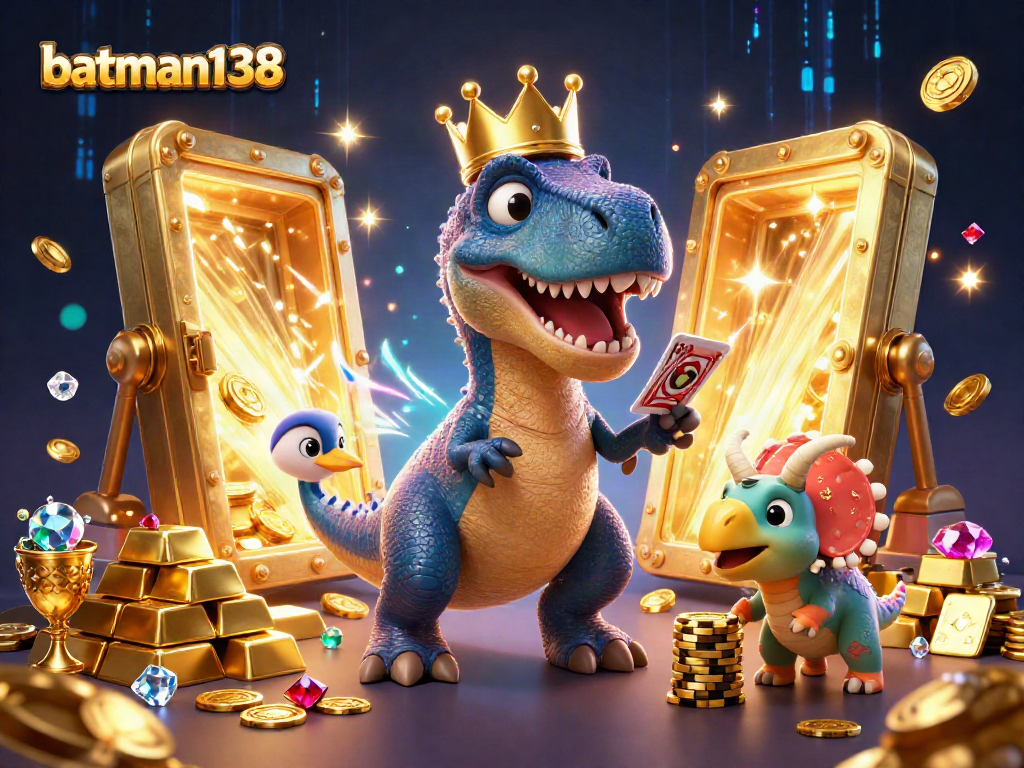 Win big at batman138 with animated T-Rex shuffling cards and a baby triceratops stacking chips.