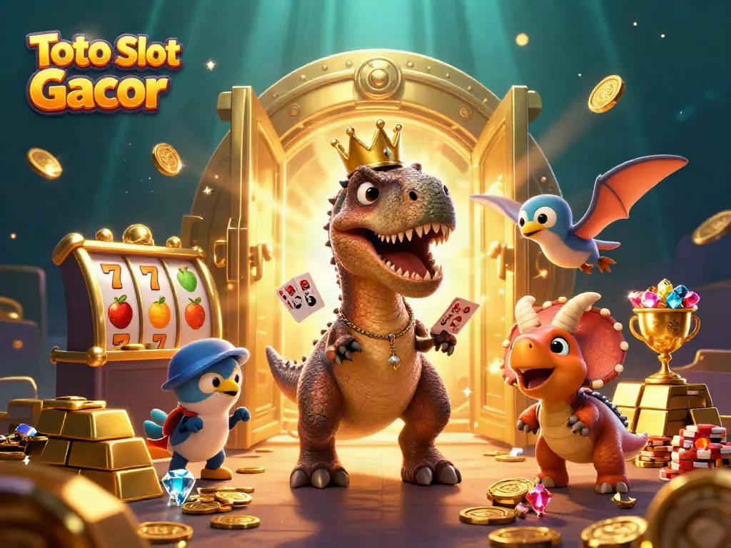 Menarik dengan Toto Slot Gacor, T-Rex, Pterodactyl, dan Triceratops dikelilingi harta karun emas dan permainan slot.