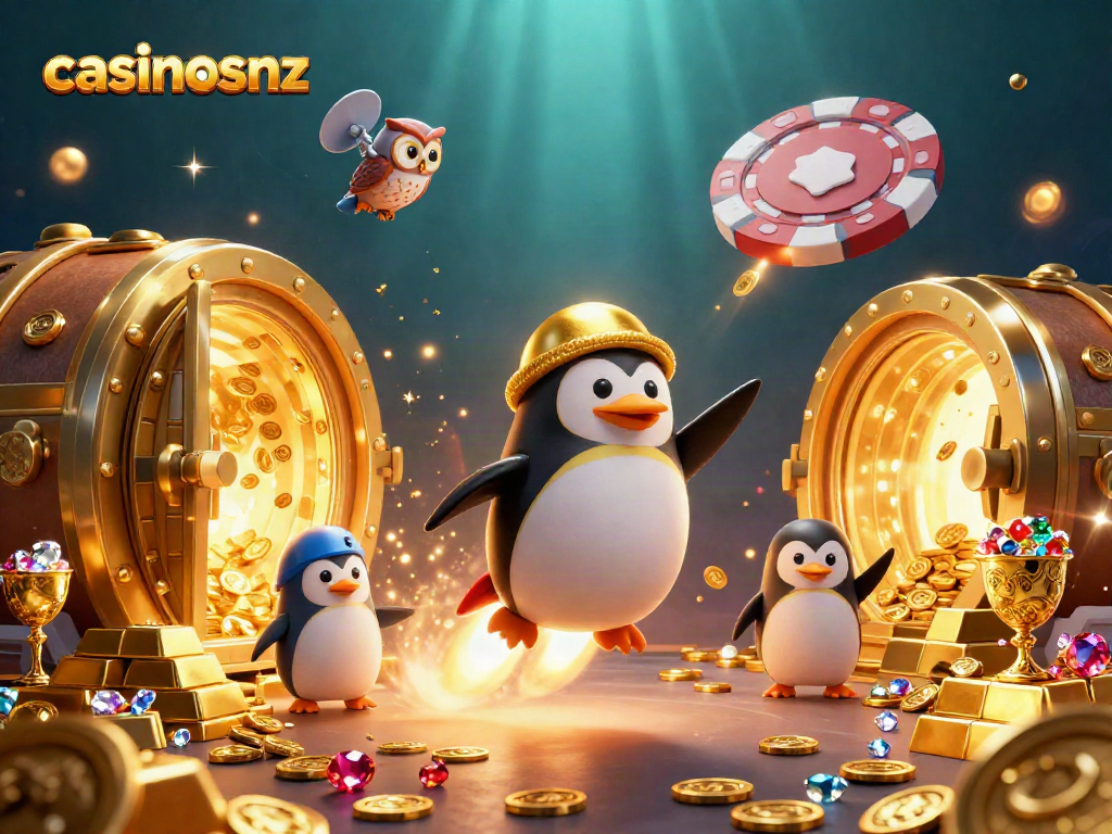 Engage with casinosnz as a golden penguin ventures to a vibrant casino space station.