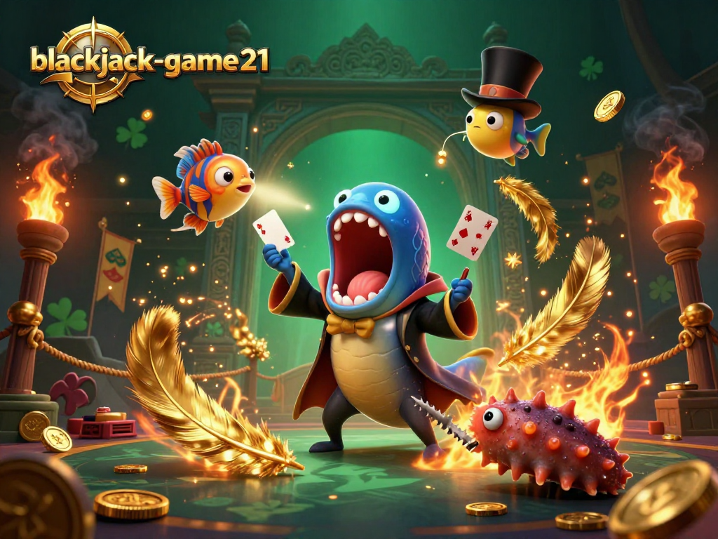 Engaging scene featuring blackjack-game21 with whimsical sea creatures performing magic tricks in a vibrant casino atmosphere