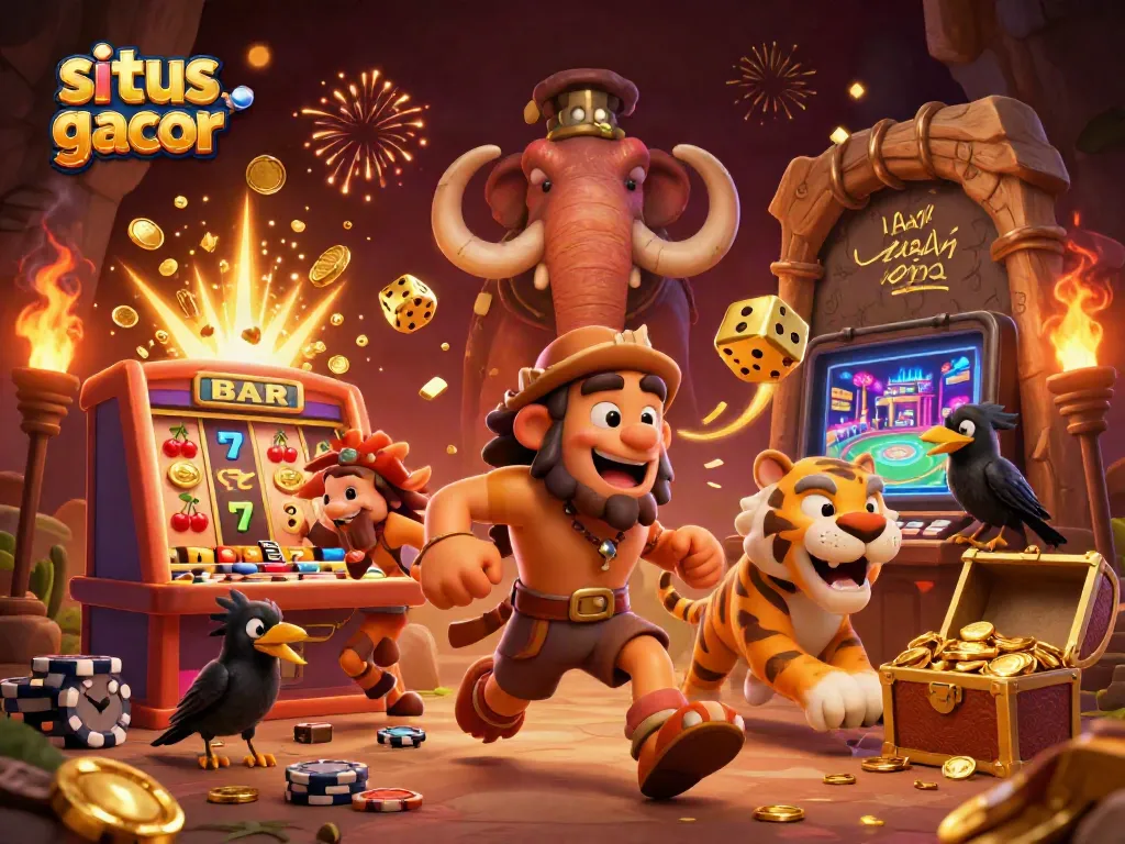 Experience the excitement of situs slot gacor with a vibrant 3D casino scene featuring colorful slot machines and characters.