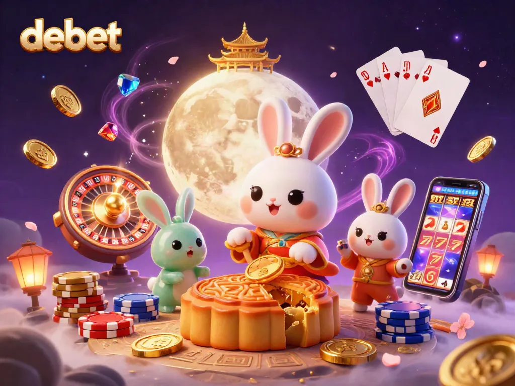 Experience the excitement of debet with golden mooncakes and poker chips in this vibrant casino scene.