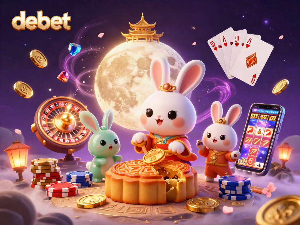 Experience the excitement of debet with golden mooncakes and poker chips in this vibrant casino scene.