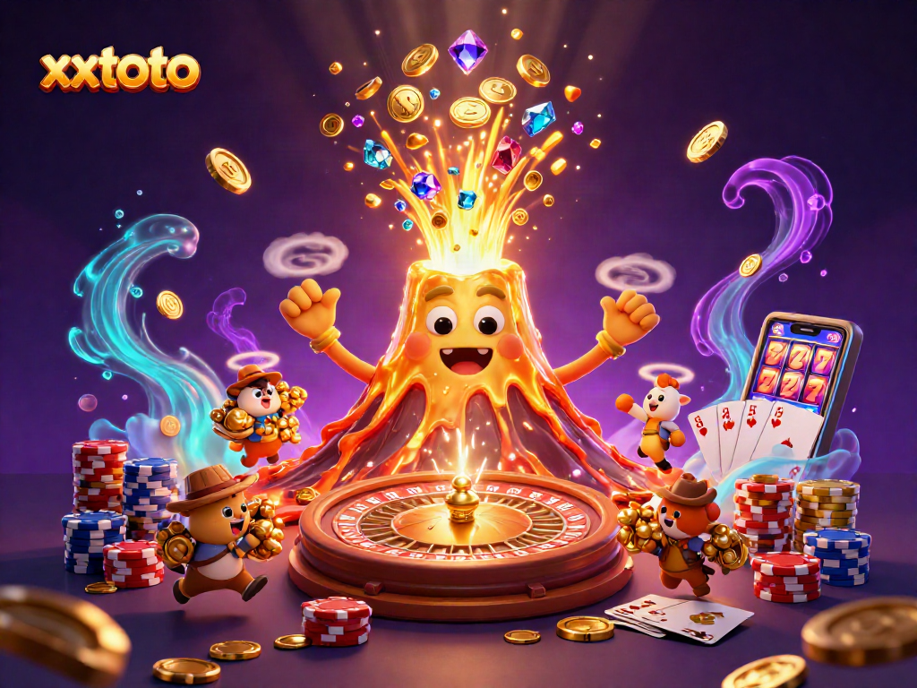 Memenangkan hadiah jackpot xxtoto dengan koin emas dan harta karun dari gunung berapi animasi.