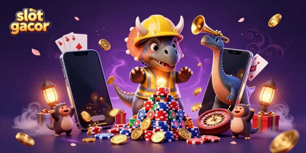 Experience the thrill of slot gacor with vibrant casino elements and lively characters celebrating wins.