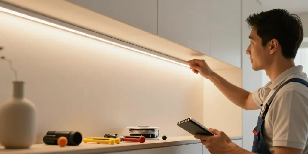 Banda LED 220V de înaltă calitate instalată de un profesionist de încredere în cadrul unei afaceri locale.