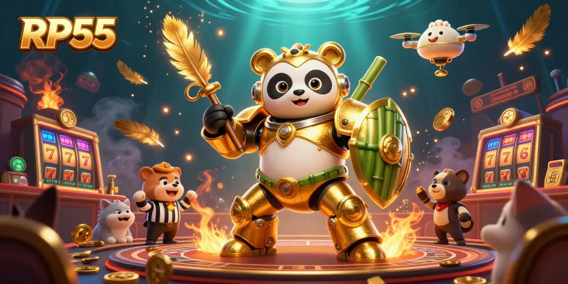 Experience thrilling gameplay with RP55 as a golden panda battles in a vibrant casino arena filled with excitement.