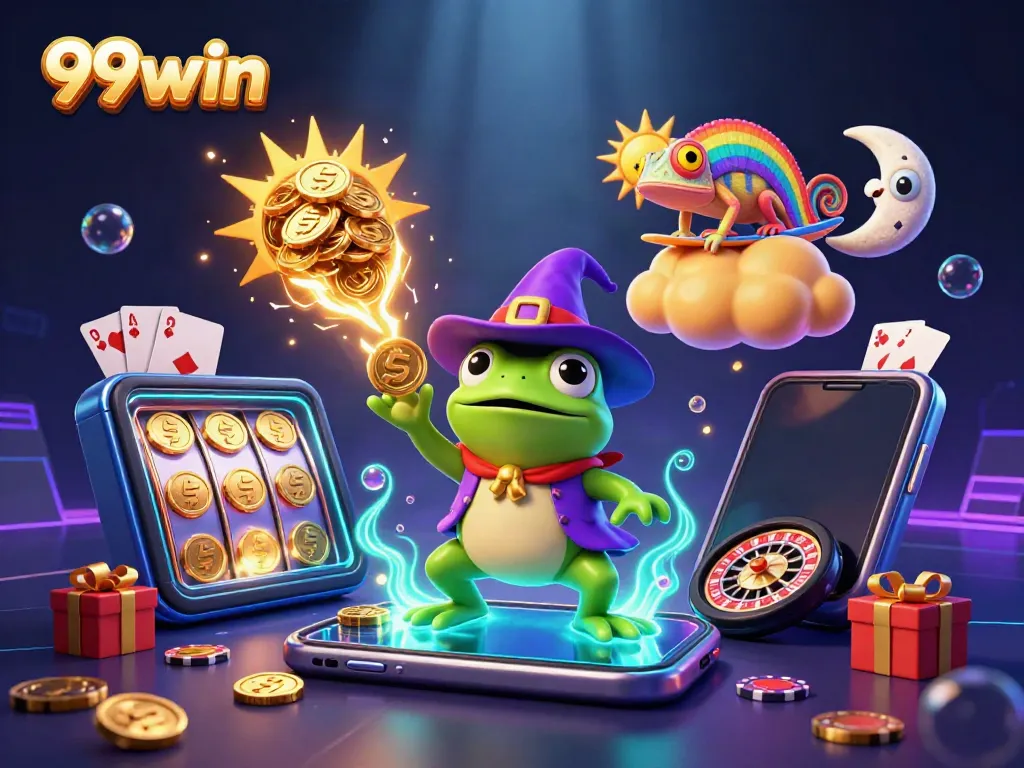 Experience the excitement of 99win with dynamic characters creating a golden coin storm in an engaging casino scene.