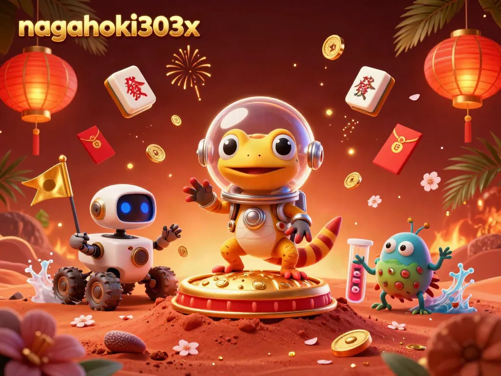 Menyambut permainan di nagahoki303x dengan ilustrasi kasino 3D menarik berupa gecko Mars dan robot, dikelilingi simbol keberuntungan.