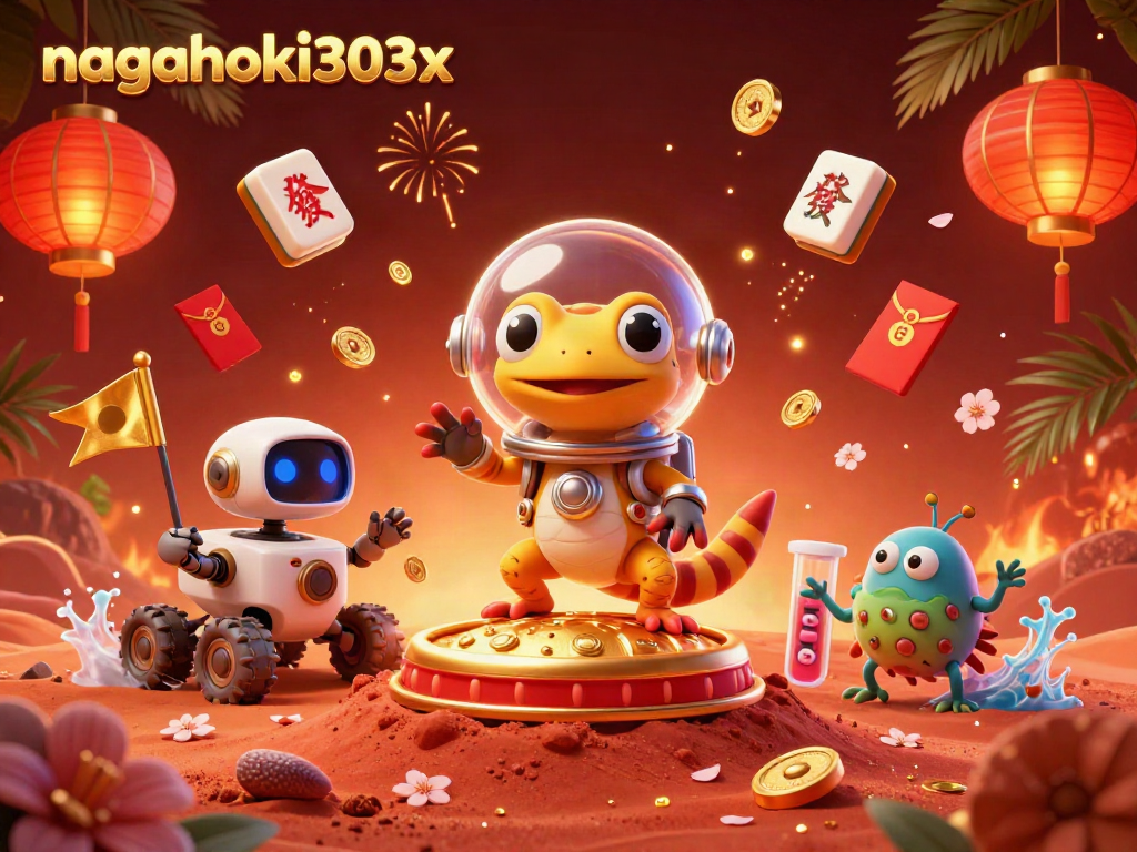 Menyambut permainan di nagahoki303x dengan ilustrasi kasino 3D menarik berupa gecko Mars dan robot, dikelilingi simbol keberuntungan.