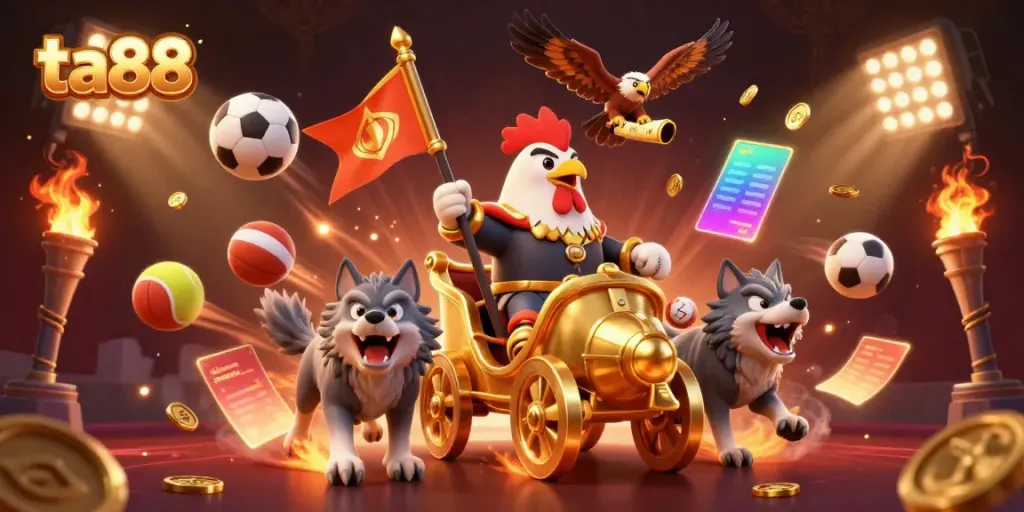 Engage in thrilling sports betting action with ta88 featuring a dynamic 3D rooster warlord and golden elements.