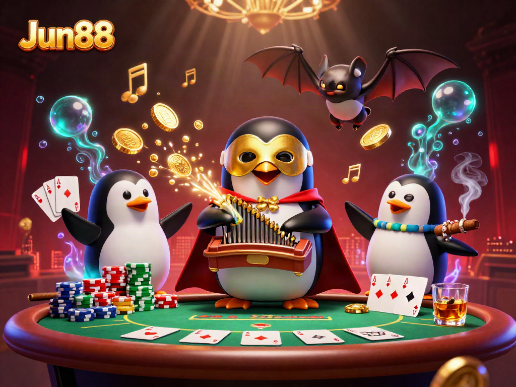 Engage with Jun88's immersive casino scene, featuring a cartoon penguin and dynamic poker elements.