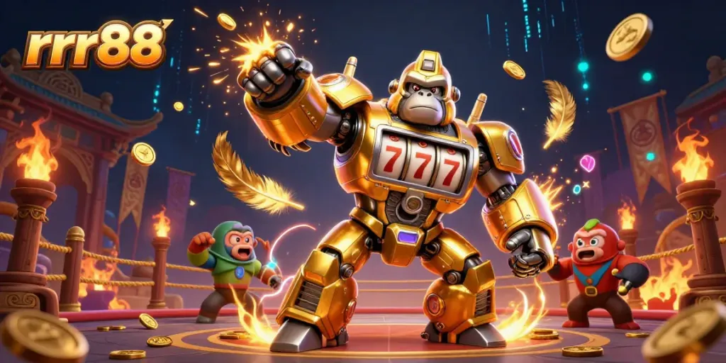 Experience the action with rrr88 in a vibrant 3D casino scene featuring a golden gorilla mech and lively game elements.