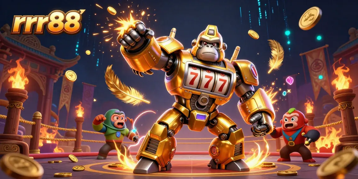 Experience the action with rrr88 in a vibrant 3D casino scene featuring a golden gorilla mech and lively game elements.
