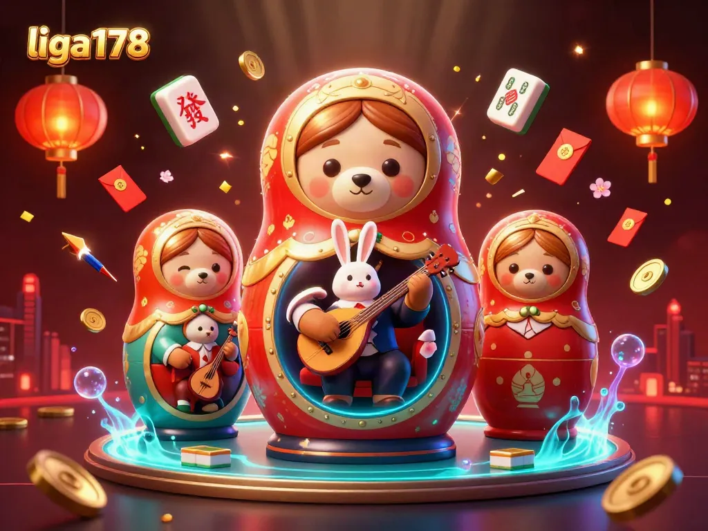 Merayakan liga178 dengan ilustrasi kasino yang menampilkan beruang Rusia Matryoshka dan dealer kasino.