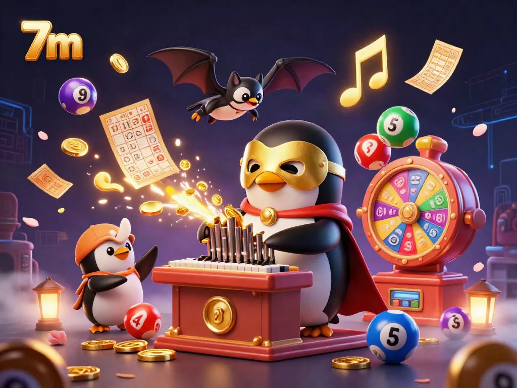 Experience thrilling gameplay with 7m as a 3D phantom penguin presides over a vibrant casino scene filled with lottery elements.