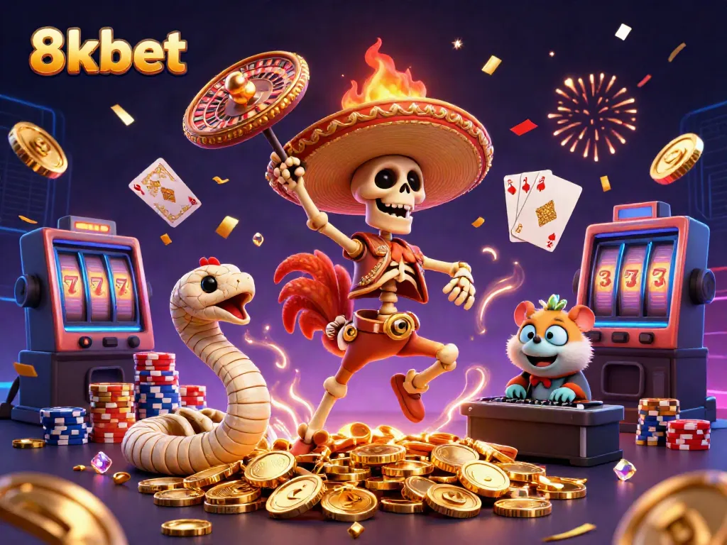 Experience 8xbet with a vibrant victory scene of characters celebrating on golden coins amidst lively casino elements.