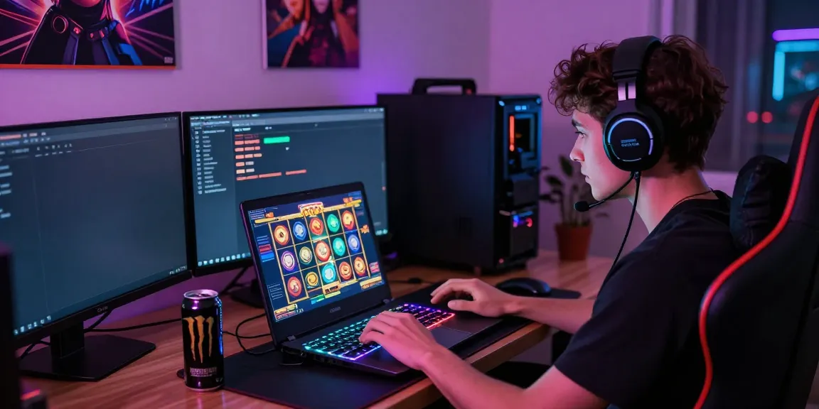 Engaged player enjoying a slot game on a laptop in a vibrant gaming setup.