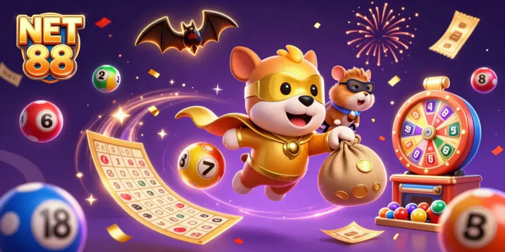 Celebrate big wins with NET 88 in a vibrant casino-themed illustration featuring gaming excitement and colorful elements.
