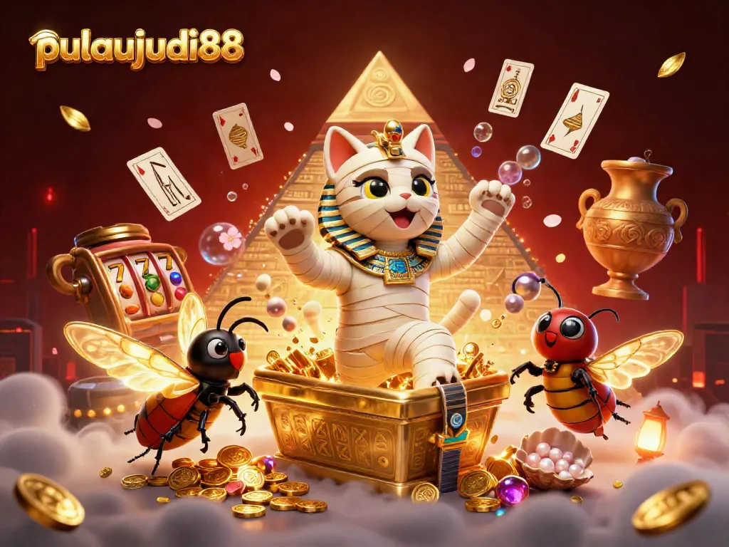 Gambarkan kekuatan pulaujudi88 dengan kucing mumi 3D keluar dari sarcophagus emas di kasino piramida.