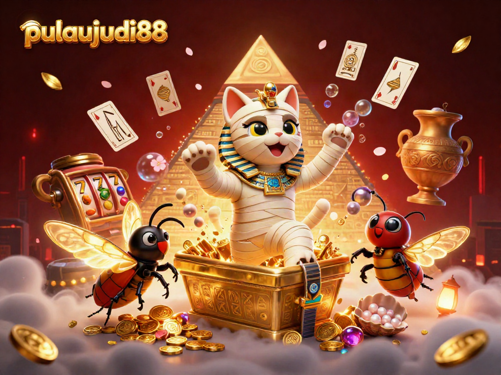 Gambarkan kekuatan pulaujudi88 dengan kucing mumi 3D keluar dari sarcophagus emas di kasino piramida.