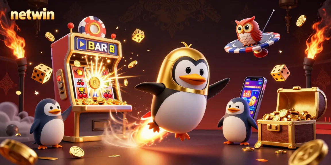 Experience netwin with a golden penguin soaring towards a casino in space, alongside fantastic casino elements.