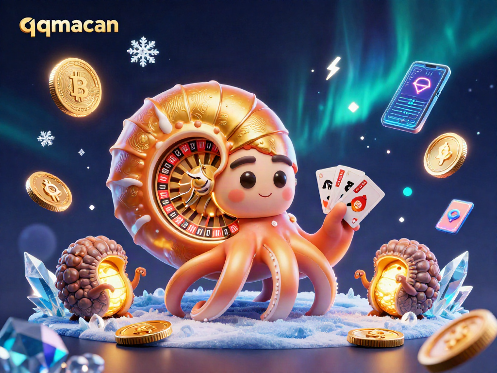 Engage with qqmacan's exciting digital gaming experience featuring a giant nautilus and glowing crypto coins.