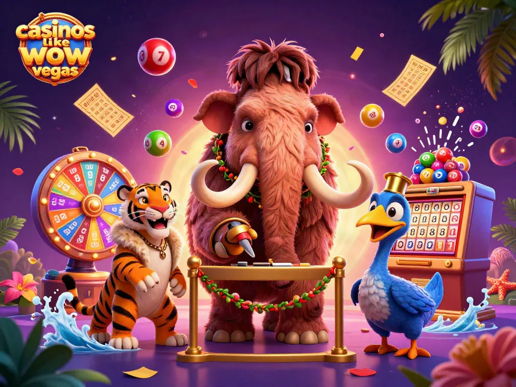Engage with casinos like wow vegas in a vibrant scene featuring a woolly mammoth bouncer and lucky game elements.