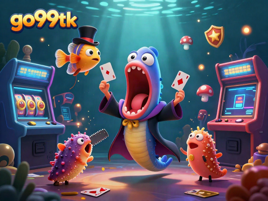 Experience thrilling gameplay at go99tk as a deep-sea gulper eel performs card tricks in a colorful underwater casino.
