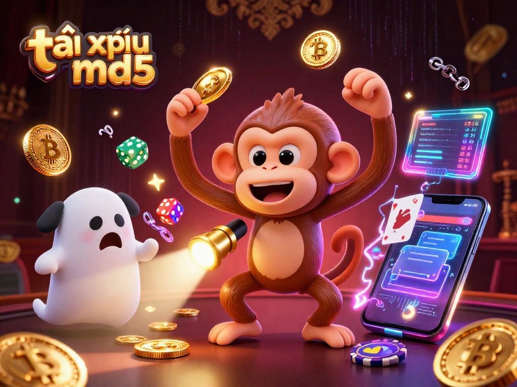 Engage with tài xỉu md5 as the poltergeist monkey juggles golden casino items while ghost-hunting puppy observes.