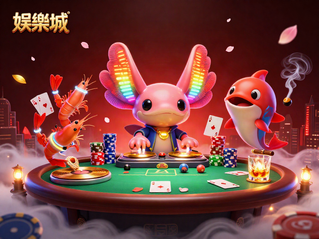 娱乐场中，色彩鲜艳的3D水獺DJ与舞动的虾子们共舞，场景中遍布扑克筹码与玻璃赌桌。