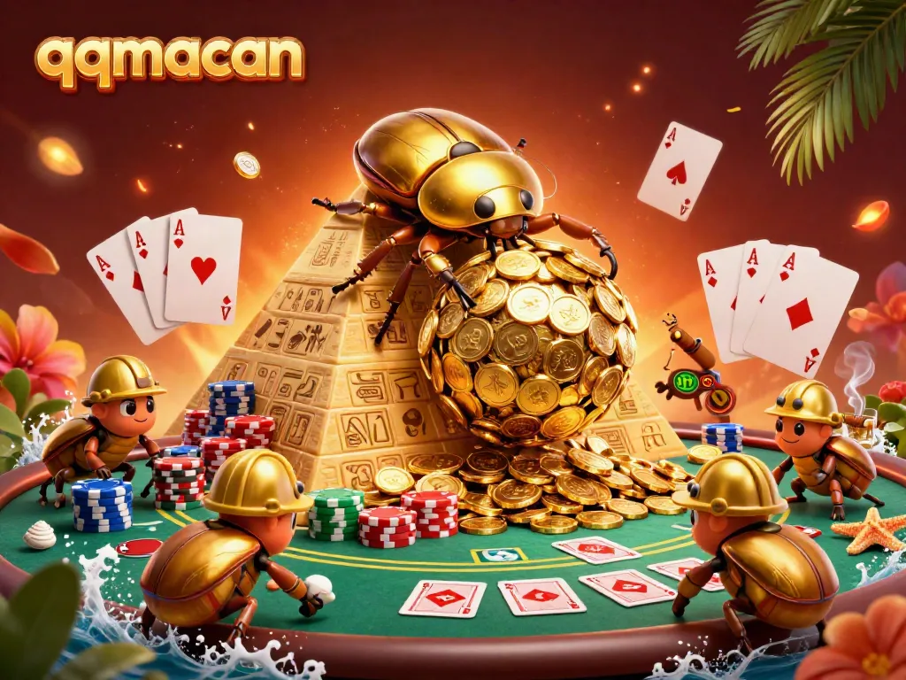 Experience thrilling gaming with qqmacan's unique golden beetle illustration in a vibrant casino atmosphere.