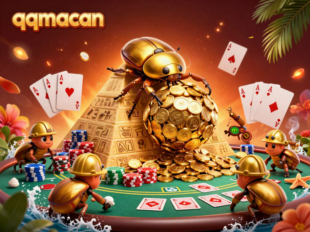 Experience thrilling gaming with qqmacan's unique golden beetle illustration in a vibrant casino atmosphere.