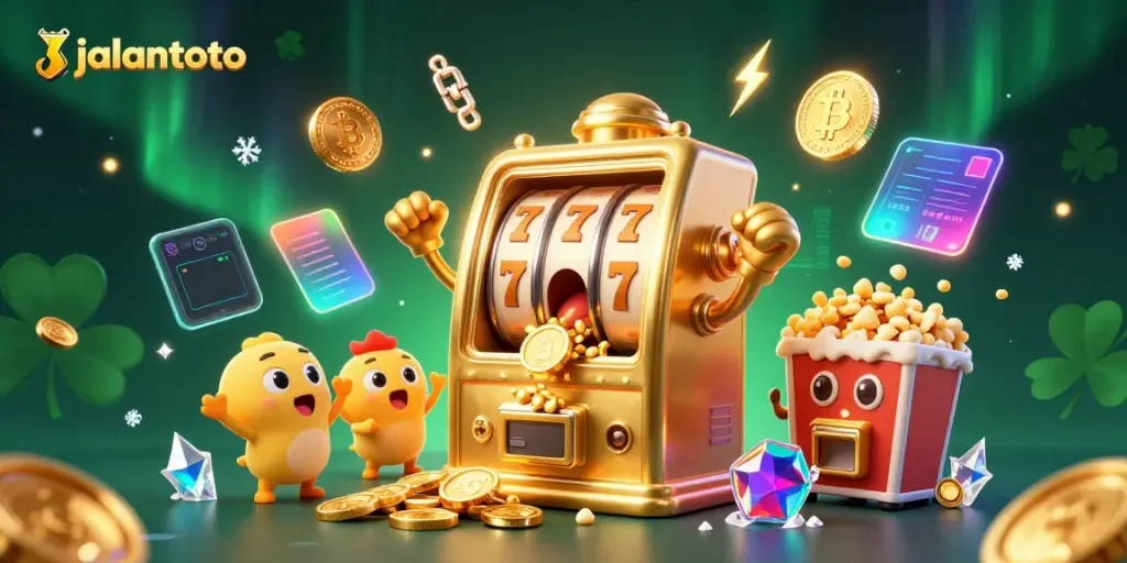 Mesin slot emas JALANTOTO meraih jackpot, dikelilingi koin dan elemen kasino lainnya.