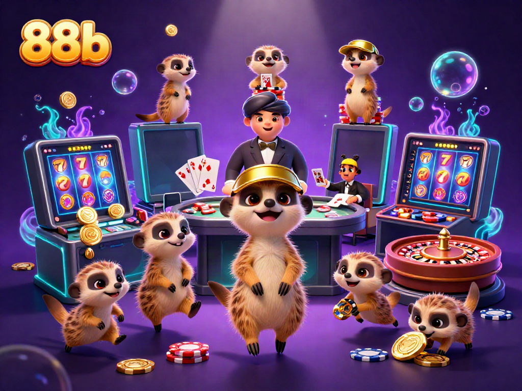 Experience the excitement of 88b with a playful meerkat casino scene featuring cards and slots.