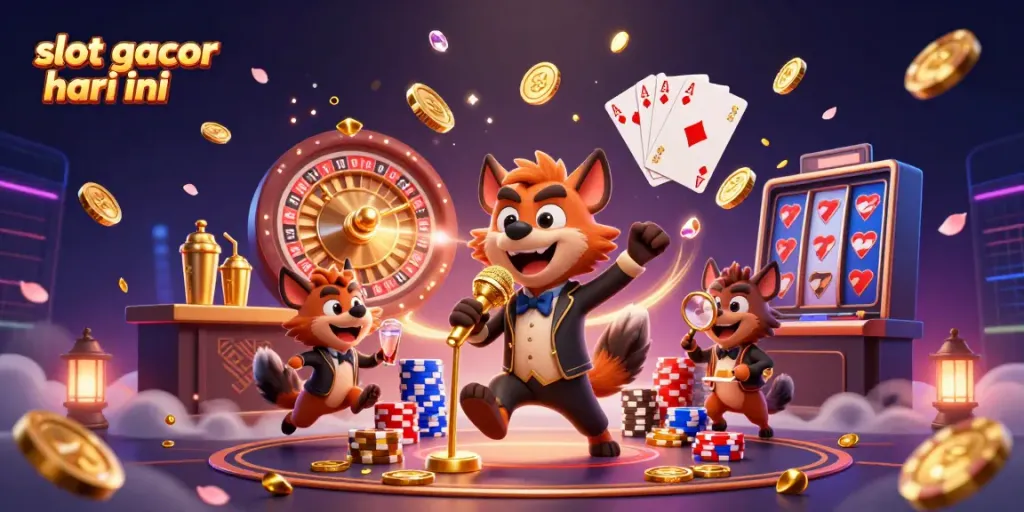 Melihat slot gacor hari ini dengan hyena berjudi di kasino kartun 3D yang ceria.
