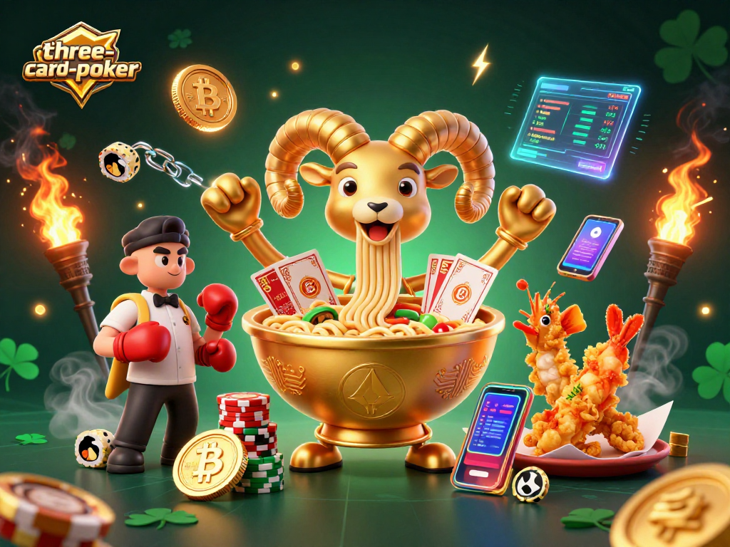 Join the excitement of three-card-poker with a vibrant casino illustration featuring dynamic game elements.
