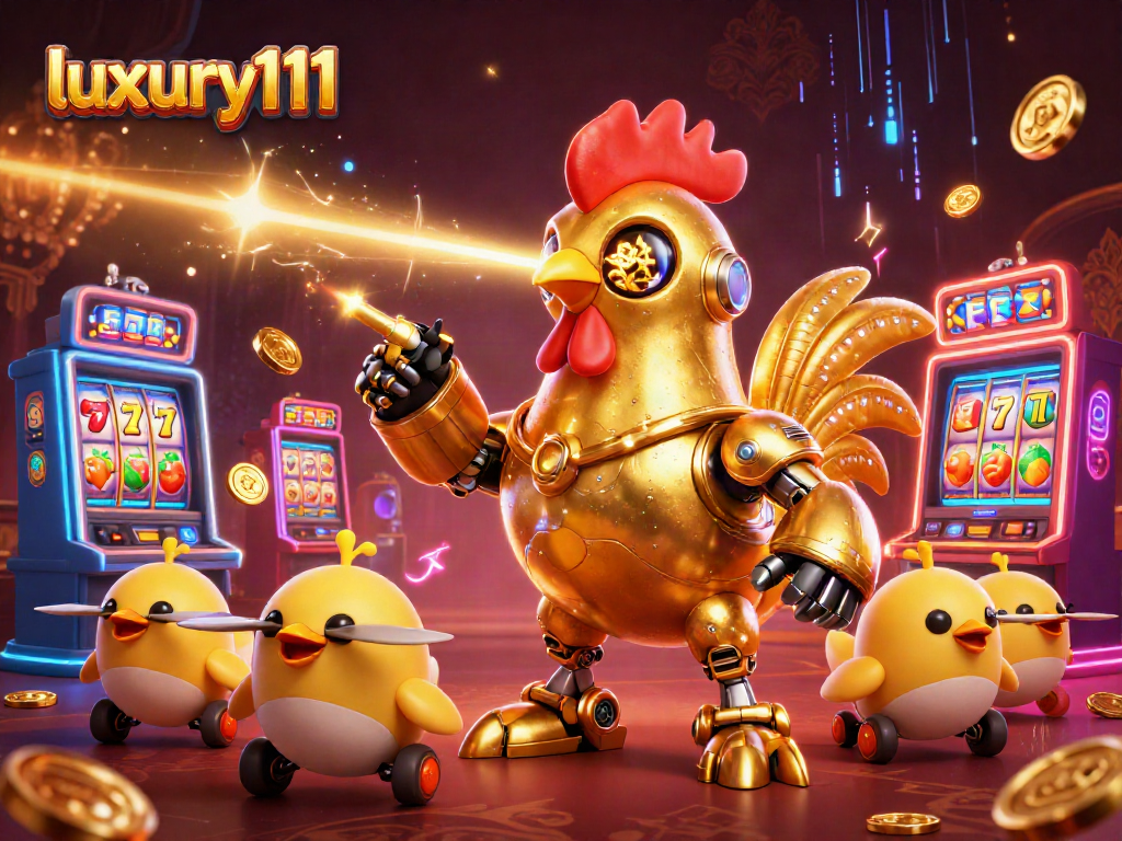 Engage with luxury111's vibrant slots scene featuring a golden rooster robot and chicks in action.