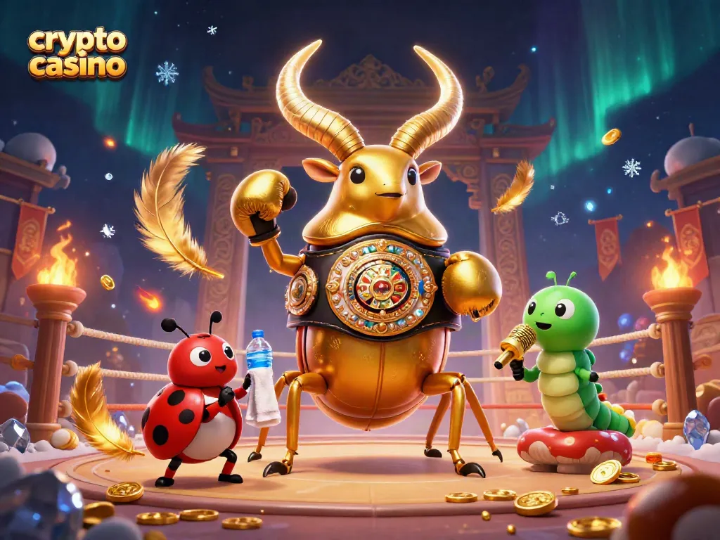 Engage in a crypto casino battle scene with cartoon beetles and vibrant casino elements.