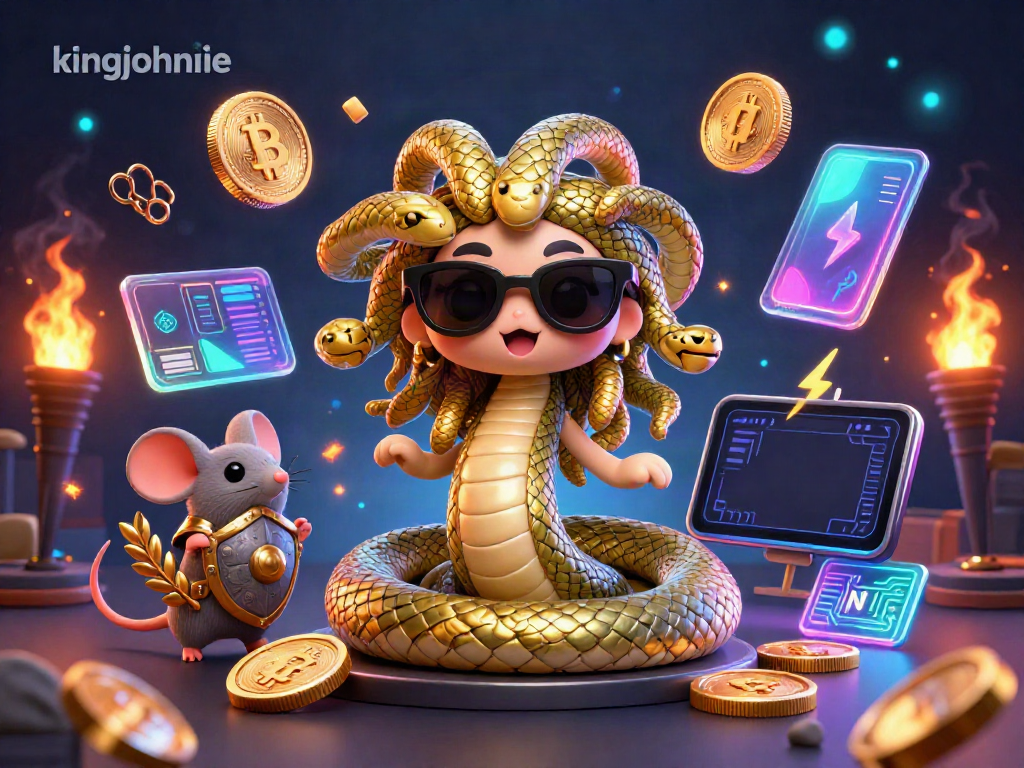 Engage in thrilling crypto gaming at kingjohnnie with vibrant illustration showcasing Medusa and a warrior mouse.