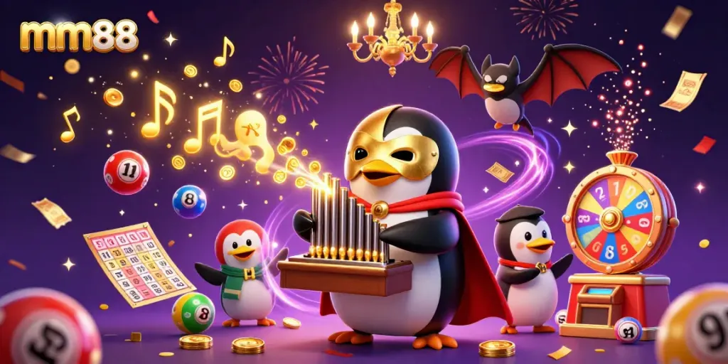 mm88 magical casino scene featuring a penguin playing an organ shooting coins, dynamic lottery elements