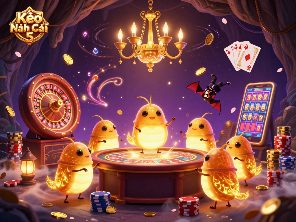 Experience thrilling gameplay at Kèo Nhà Cái 5 in a vibrant casino illuminated by bioluminescent glowworms.