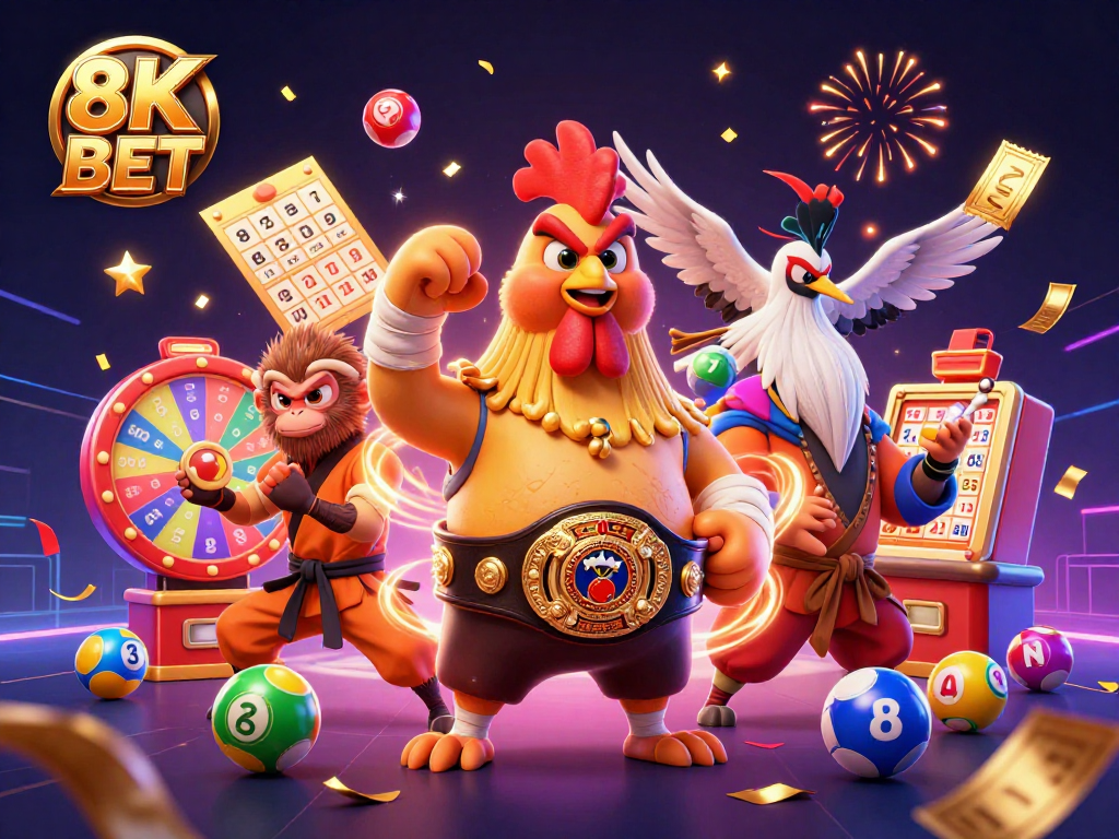 Experience the excitement of 8K BET with vibrant characters and dynamic gambling elements in a casino-themed 3D illustration.