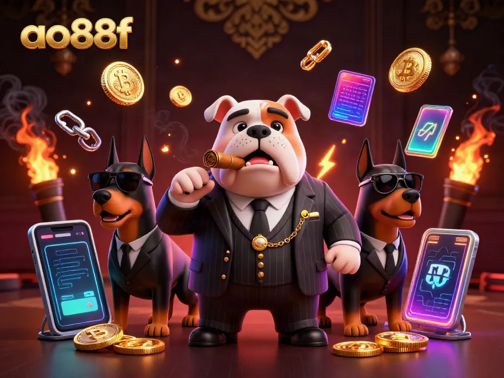 Experience the thrilling world of ao88f casino with a 3D bulldog boss surrounded by crypto coins and vivid game elements.