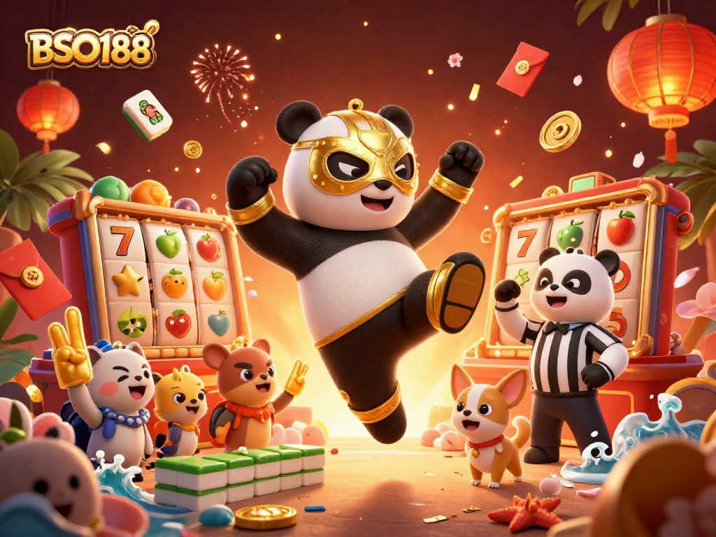 Engage with BSO188 through a cartoon wrestling scene showcasing slot reels and cheering animals.